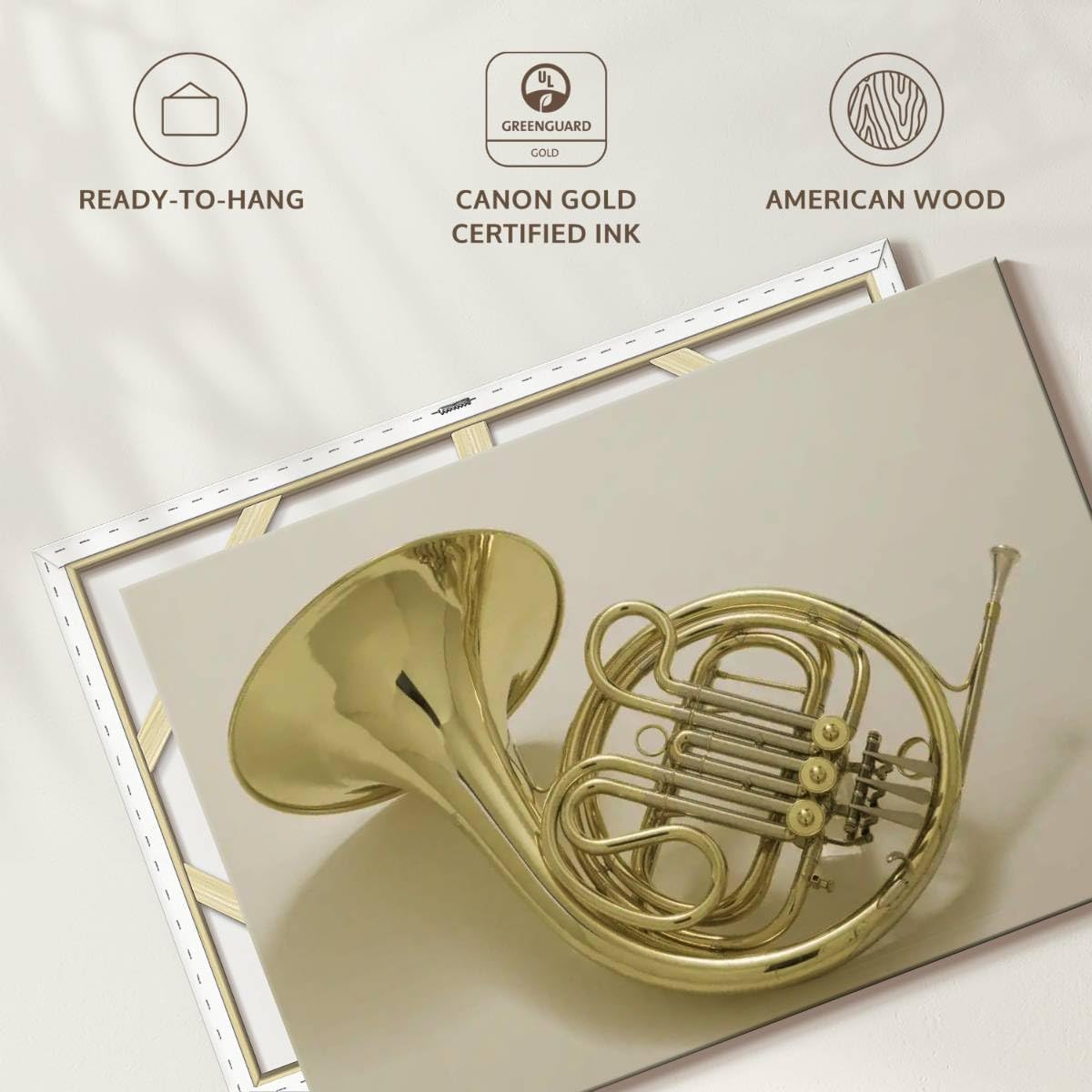 ElephantStock - French Horn Instrument Wall Art - Horizontal Canvas Wall Art - Living Room Wall Decor - Photography Music Canvas Art - Gray And Gold Decor - 51
