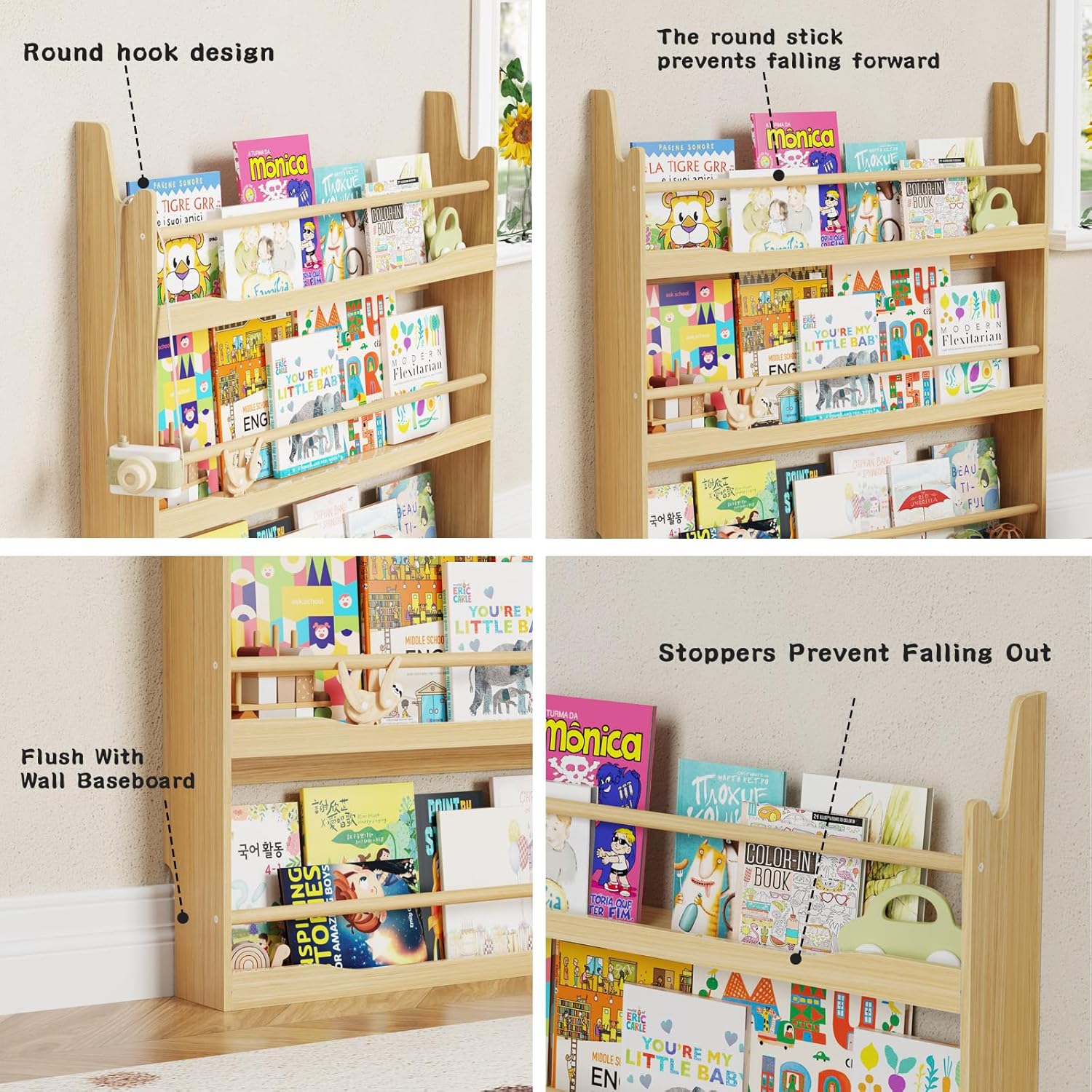 Lkeiyay Kids Bookshelf,3 Tier Wall Mount Kids Book Shelf,Space-Saving Wall Mount Narrow Bookshelf(Natural)