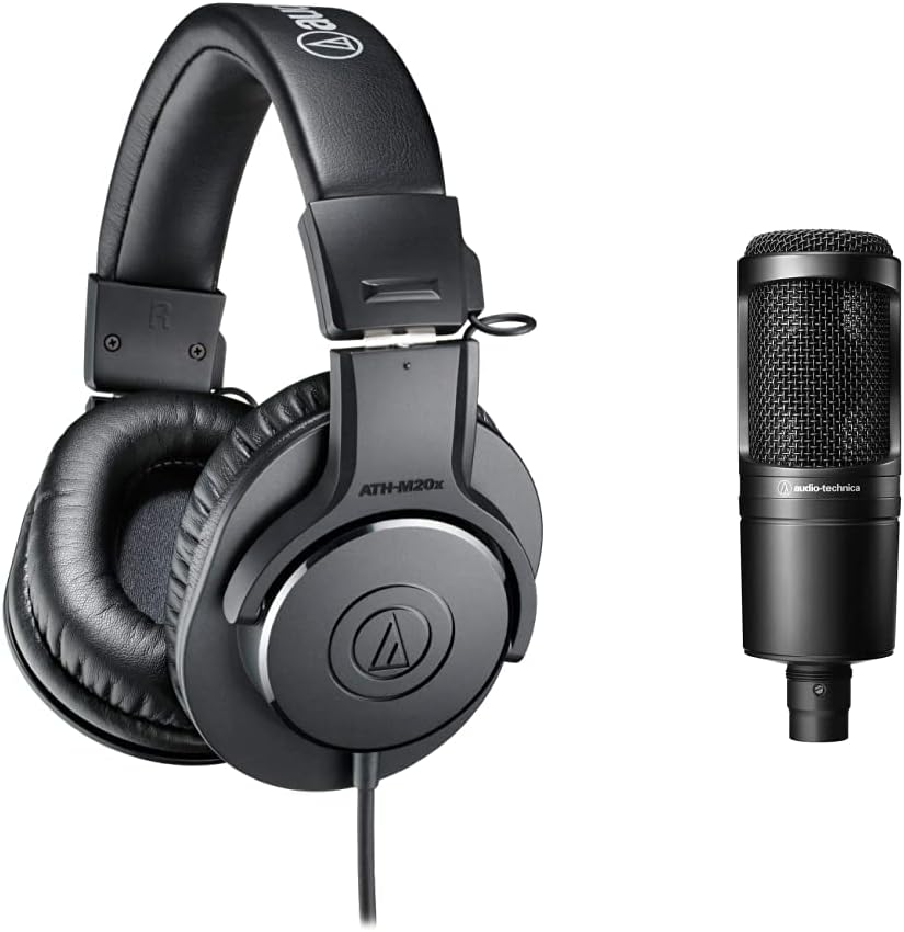 Audio-Technica AT2020 Cardioid Condenser Studio XLR Microphone & ATH-M20X Professional Studio Monitor Headphones, Black