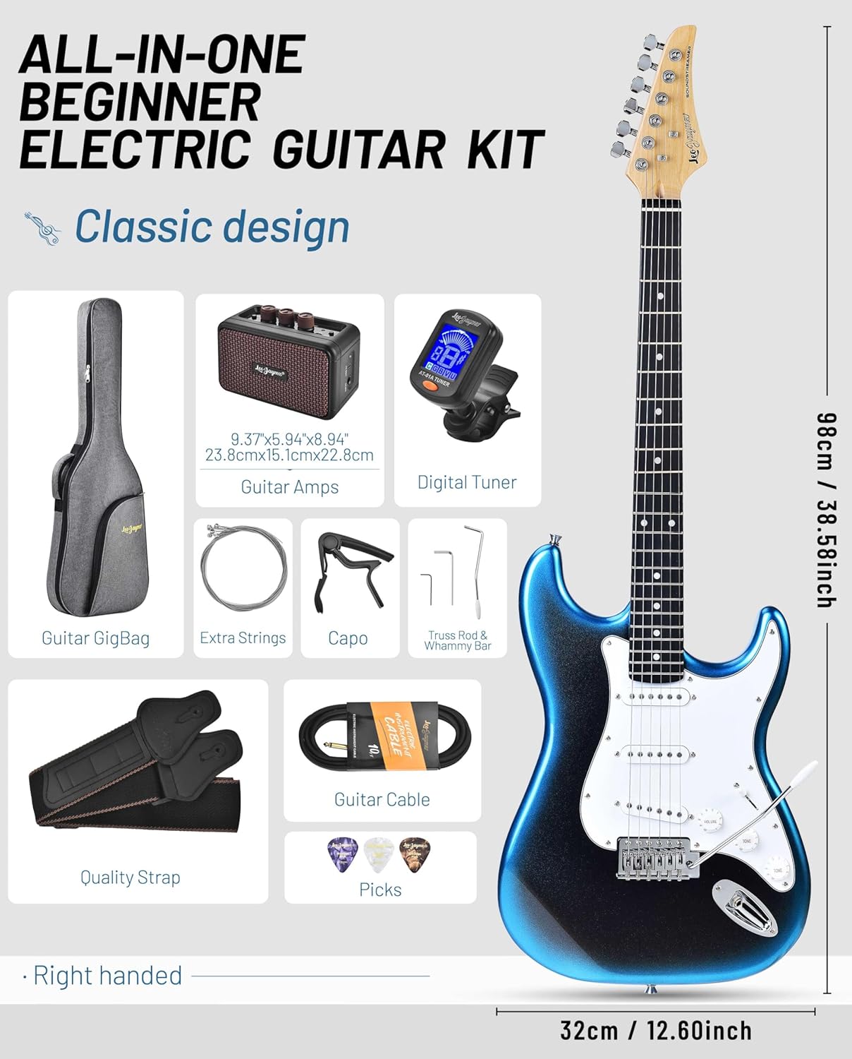 Leo Jaymz Beginner Electric Guitar Complete Kit with Portable Amp, Padded Gig Bag & Full Accessories, Maple Neck SSS Pickups (Blue-Black Fade)
