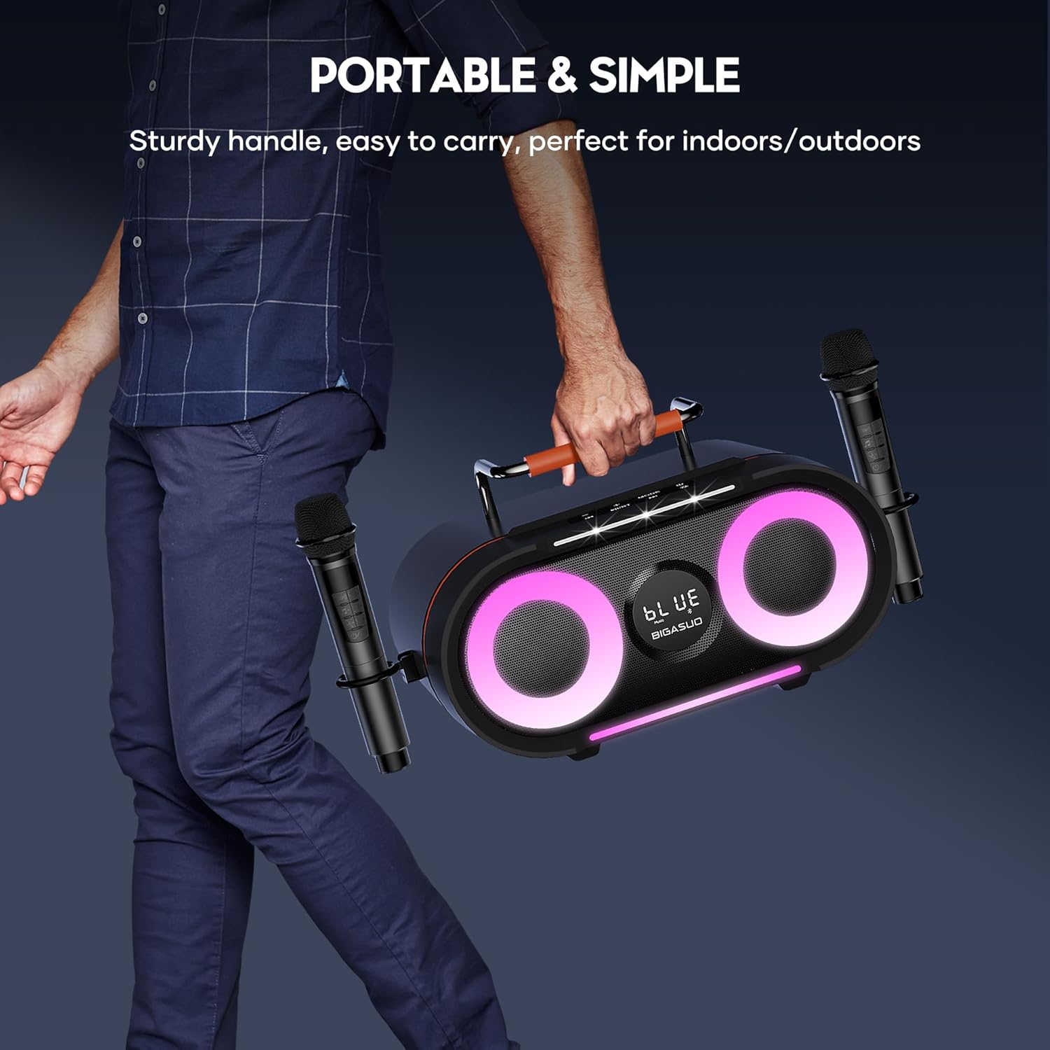 BIGASUO Karaoke Machine with Rich Deep Bass Explosive Flashing Lights for Adults Portable Bluetooth Singing PA Speaker System with 2 UHF Wireless Microphones for Home Party Wedding Outdoor