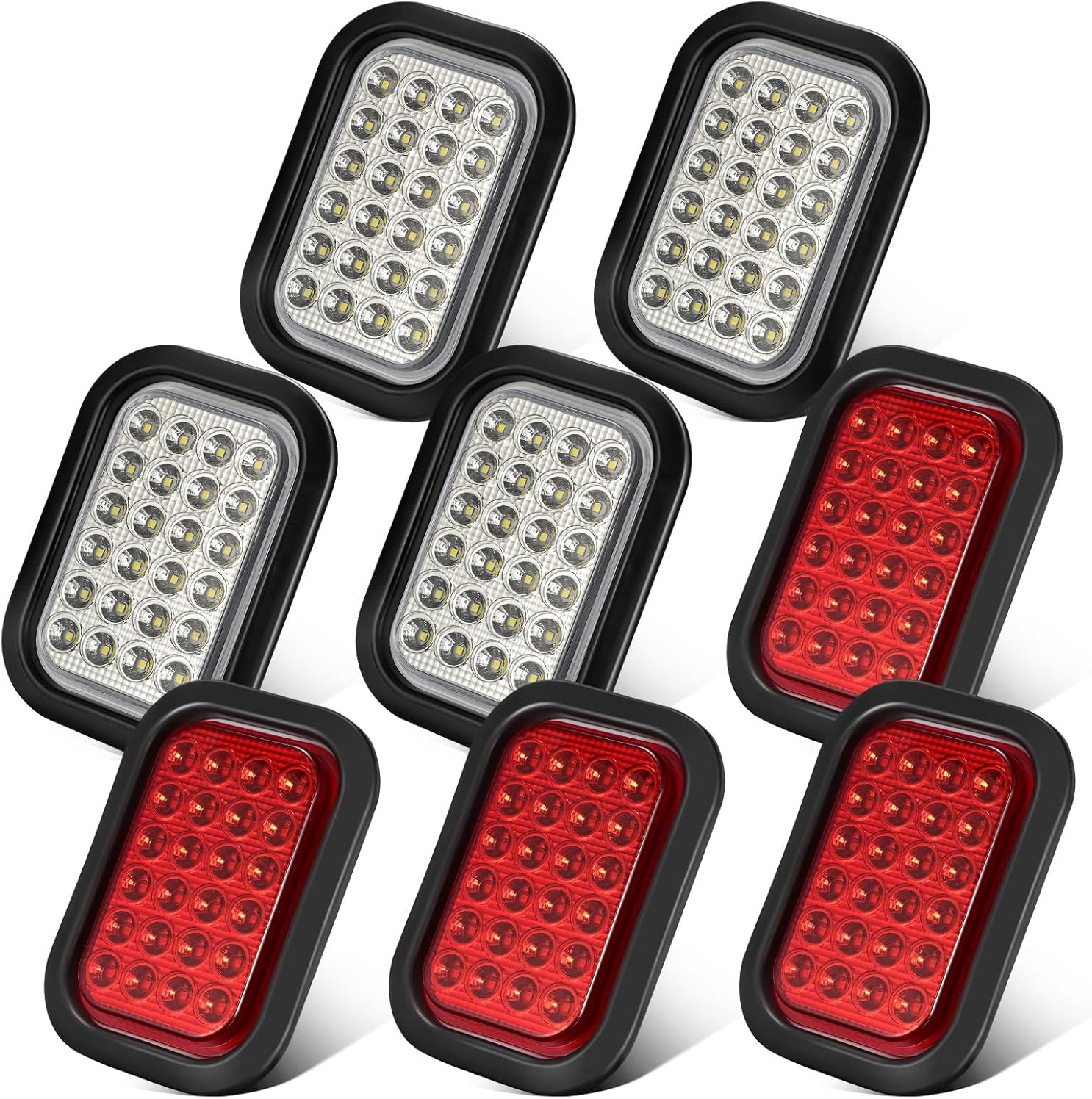 Partsam 8X 5x3 Inch 24LEDs Rectangle Stop Turn Tail Running Reverse Backup Lights Truck Trailer Tail Lights Sealed Flush Mount 3 Prong Plug Rubber Grommet 12V IP67 Waterproof