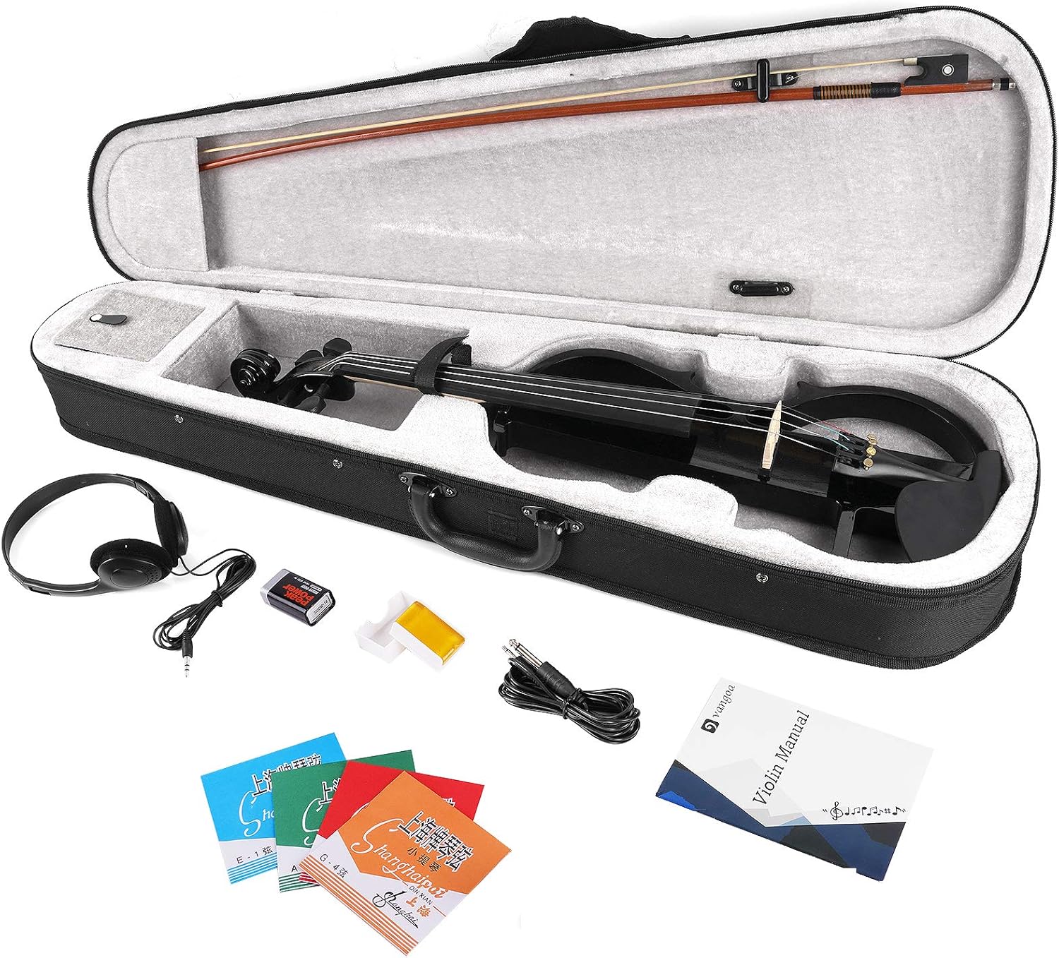 Vangoa Electric Violin Full Size 4/4, Black Silent Electric Violin, Solid Wood Metallic Electric Fiddle with Ebony Fittings, Beginner Kit for Adults Teens