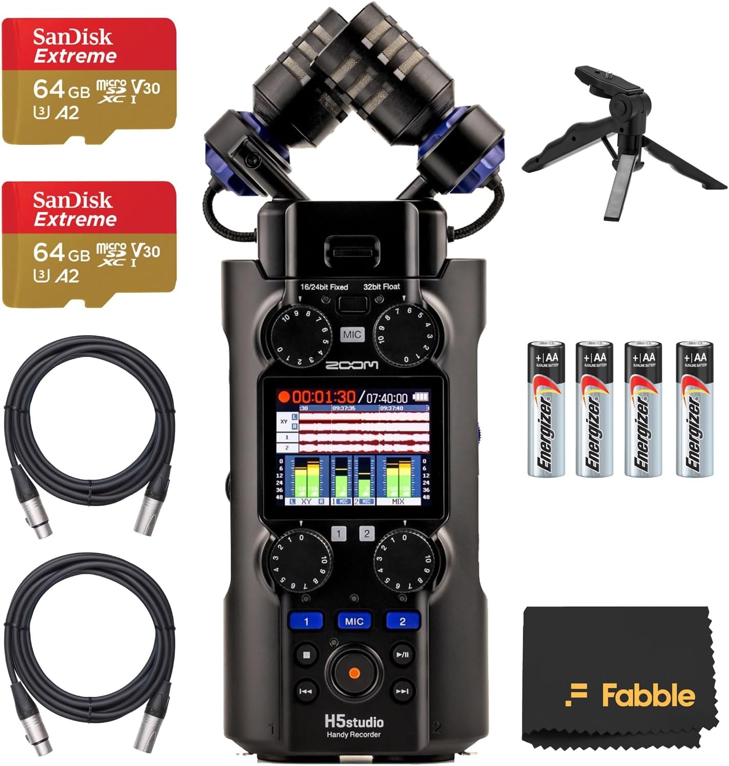 Zoom H5 Studio Handy Recorder Bundle with ZDM-1 Podcast Mic Pack (Dynamic Mic, Headphones, Windscreen, XLR Cable, Tabletop Stand), 64GB SD Cards, AA Batteries, Table Tripod Grip