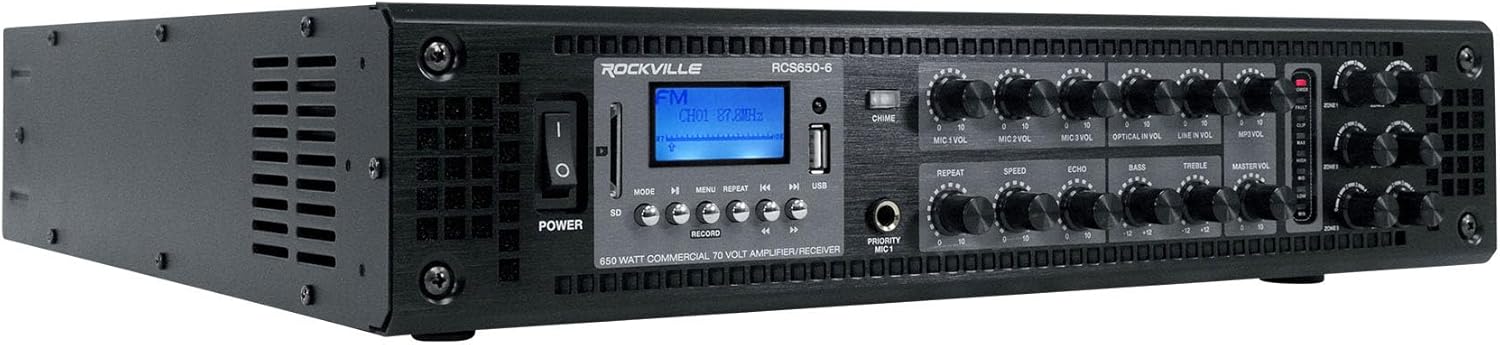 Rockville RCS650-6 650 Watt 6-Zone 70V Commercial Amplifier, Bluetooth, USB/SD/FM Playback, Rack-Mountable, for Restaurants & Offices