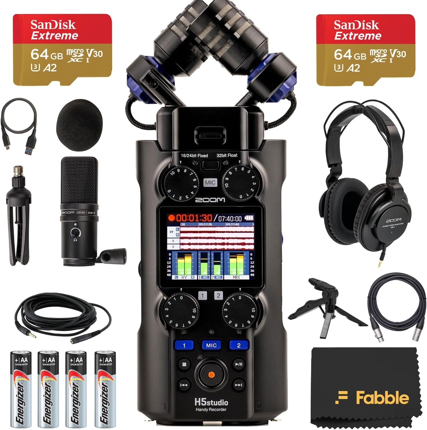 Zoom H5 Studio Handy Recorder Bundle with ZDM-1 Podcast Mic Pack (Dynamic Mic, Headphones, Windscreen, XLR Cable, Tabletop Stand), 64GB SD Cards, AA Batteries, Table Tripod Grip