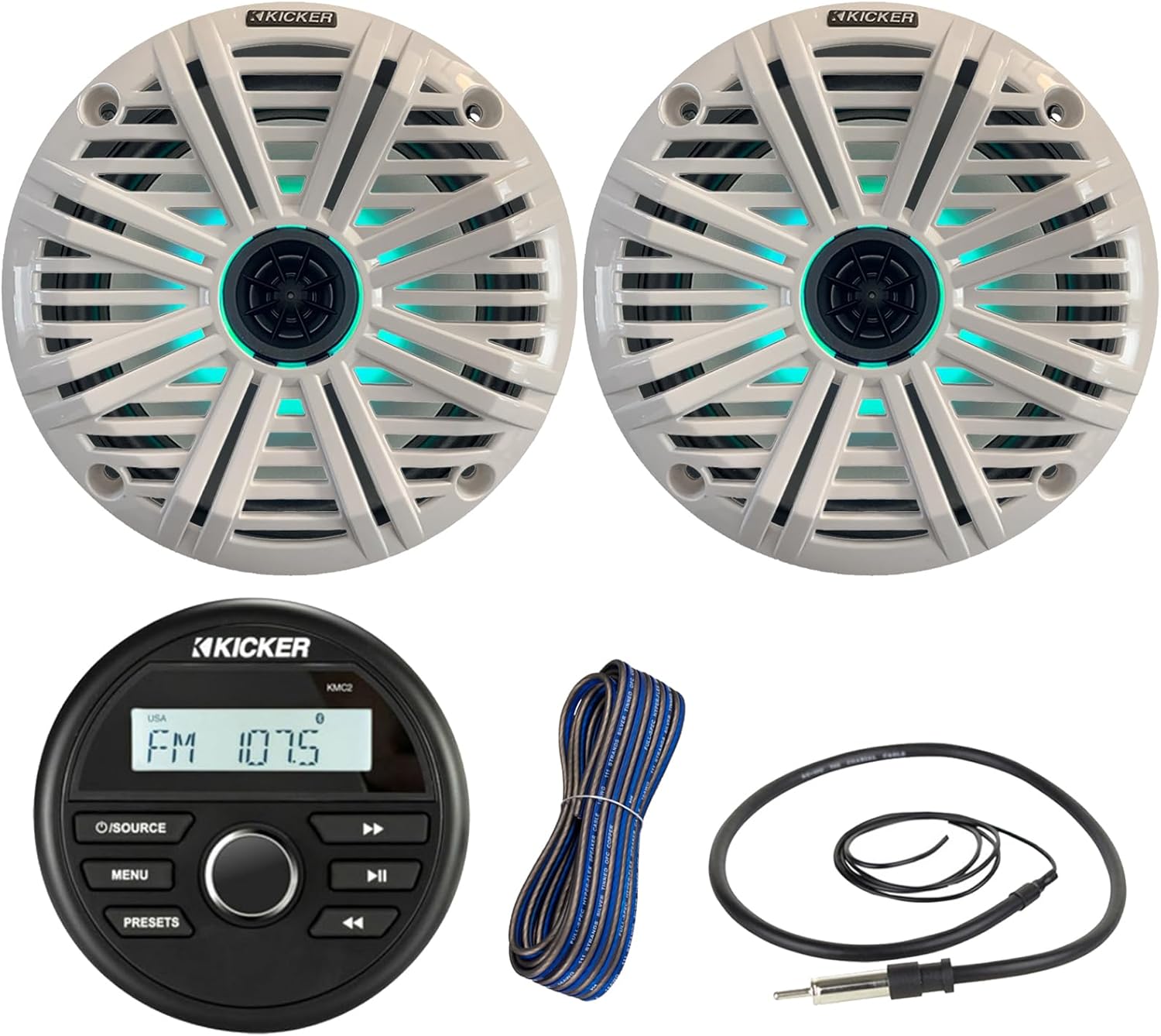 Kicker KMC2 All-Weather Marine Gauge Style Bluetooth USB Stereo Receiver with 6.5