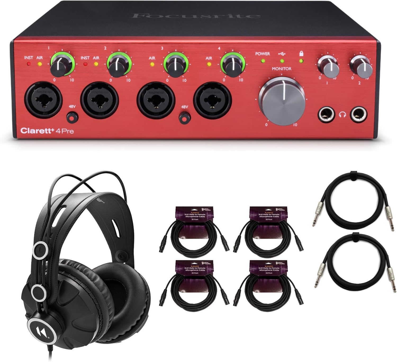 Focusrite Clarett Plus 4Pre 18-In and 8-Out Audio Interface Bundle with Headphones, 25-Feet XLR Microphone Cable (4-Pack), and TRS Cable (2-Pack) (8 Items)