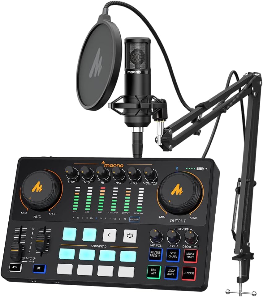 Audio Interface with XLR Condenser Microphone-Podcast Equipment-MAONO-MaonoCaster-All in One - with premium mic preamp for Podcast Recording, Streaming, Youtube, DJ, PC, Smartphone