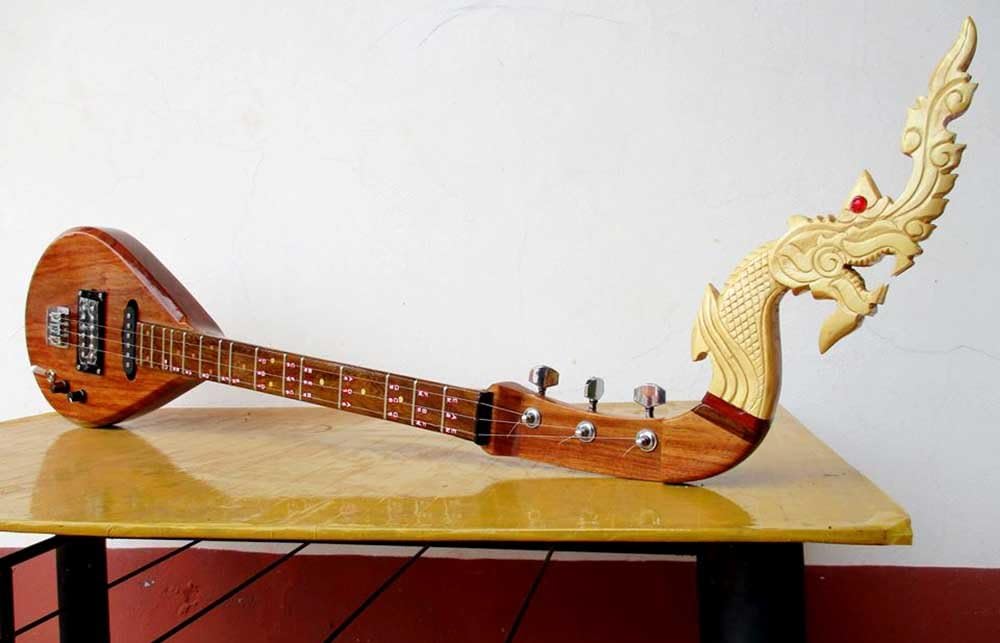 Isarn Electric Phin 3 Strings, Thai Lao Guitar Musical Instrument, Traditional Thai Musical Pin 28