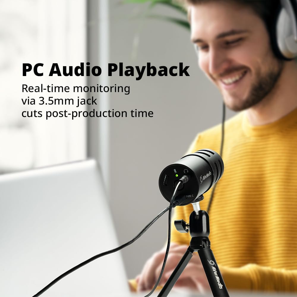 AVerMedia USB Mic for Streaming, Podcasting, Gaming with Cardioid Polar Pattern, Tripod Stand, Headphone Output, Mute Button, All Metal, for PC, Laptop, iPhone, and Android Phone - VERSATI go AM310G2