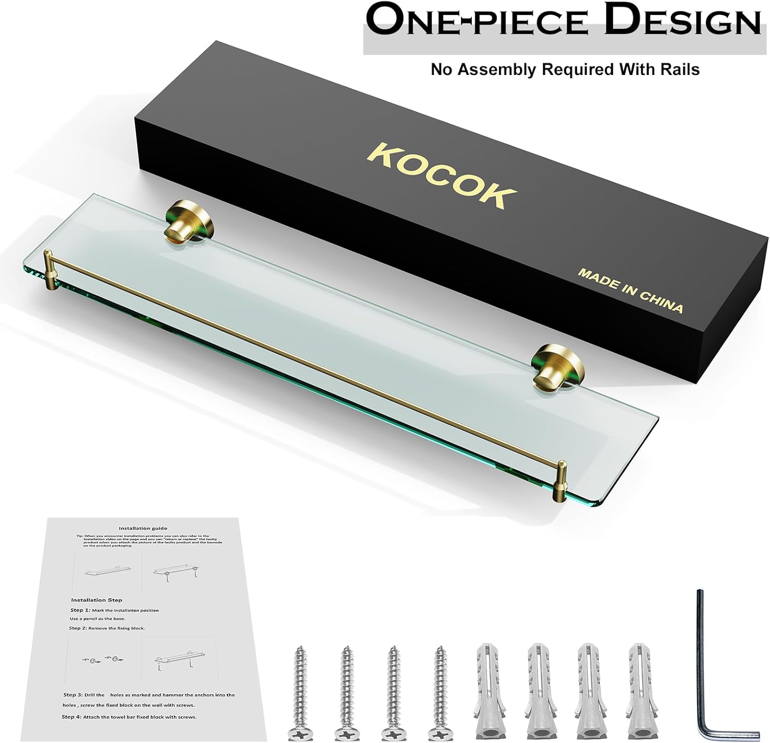 Glass Shelf for Bathroom 2 Pack,24-Inches Floating Glass Shelves Towel Bar/Track(Brushed Gold)