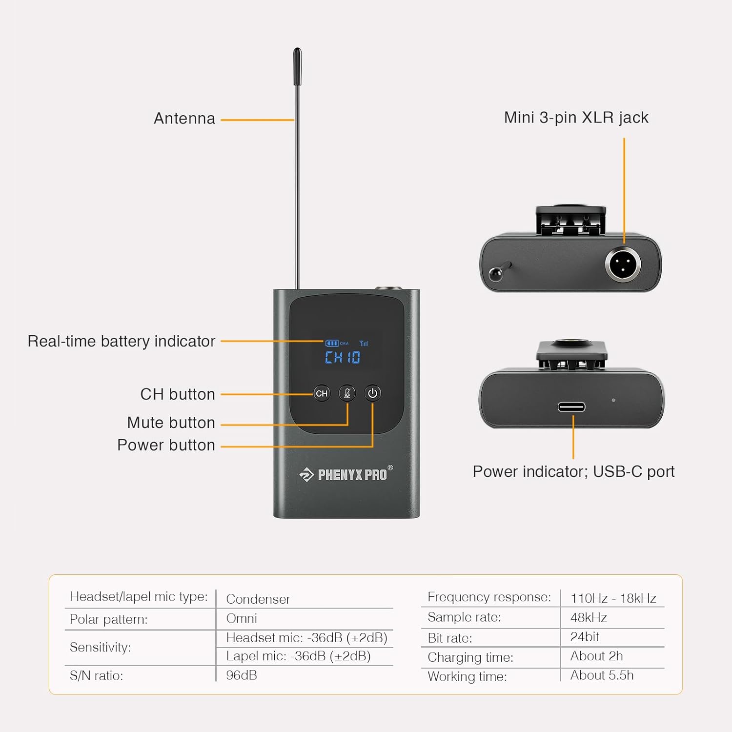 Phenyx Pro Dual Digital Wireless Microphone System PDP-2-2B Bunble with Portable Wireless Microphone PWB-P-900 and PWH-P-900
