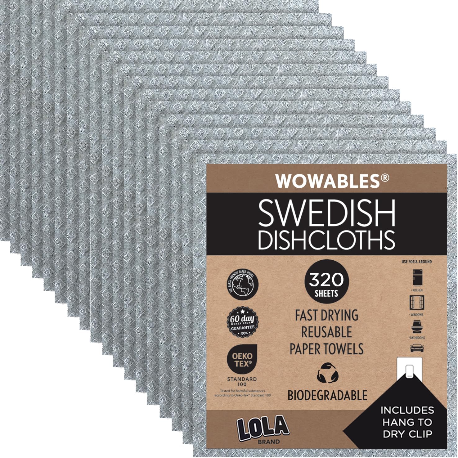 LOLA Swedish Dishcloths, 320 Pk, Biodegradable Reusable Paper Towels Absorbent Cellulose Kitchen Sponge Cloths Zero Waste Odor Free, Made in Germany
