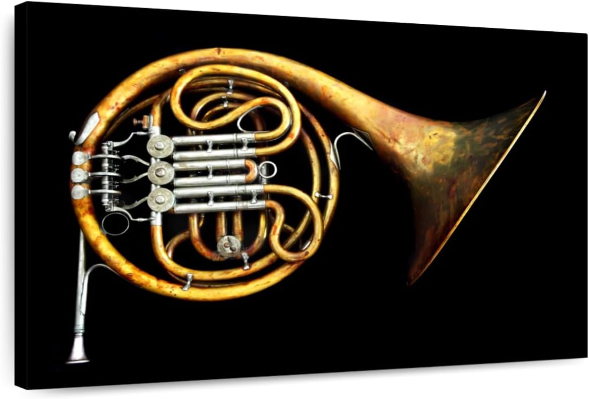 ElephantStock - Vintage French Horn Wall Art - Horizontal Canvas Wall Art - Living Room Wall Decor - Photography Music Canvas Art - Black And Gold Decor - 51