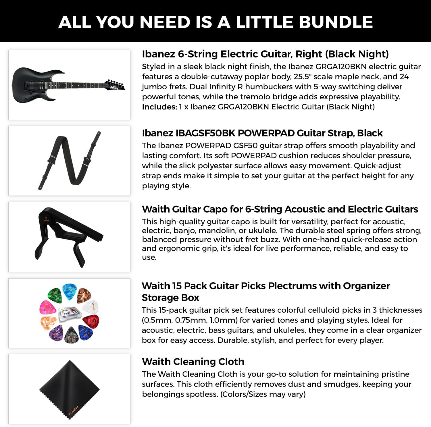 Ibanez 6-String Solid-Body Electric Guitar (Black Night) - Right Handed Bass with GSF50 Powerpad Strap, String Capo, 15 Pack Guitar Picks with Storage Box & Microfiber Cleaning Cloth (Bundle Set)