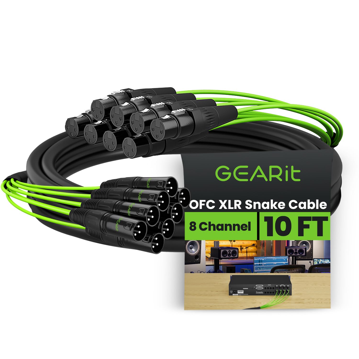 GEARit 8-Channel XLR Snake Cable (10 ft) - 100% Oxygen-Free Copper Snake Wire, Channel Labels, Metal XLR Connectors for Pro Audio - 10 Feet