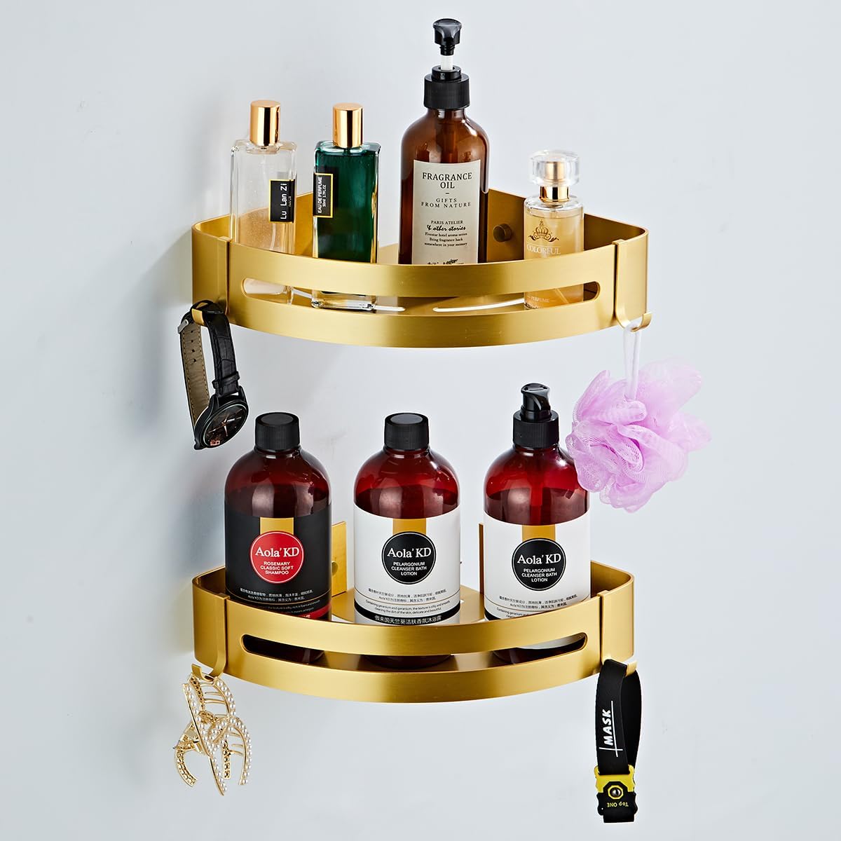 Brushed Gold Bathroom Corner Shelves Wall Mount Shower Caddy with Hooks and Shampoo Holder 2 Pack Drilling or Adhesive Installation