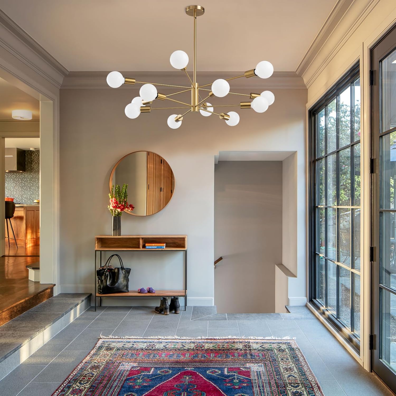 Modern Sputnik Chandeliers Light, 12-Light Gold Gold Dining Room Chandelier Over Table, Height Adjustable Industrial Semi Flush Mount Mid Century Chandelier for Kitchen Island Living Room