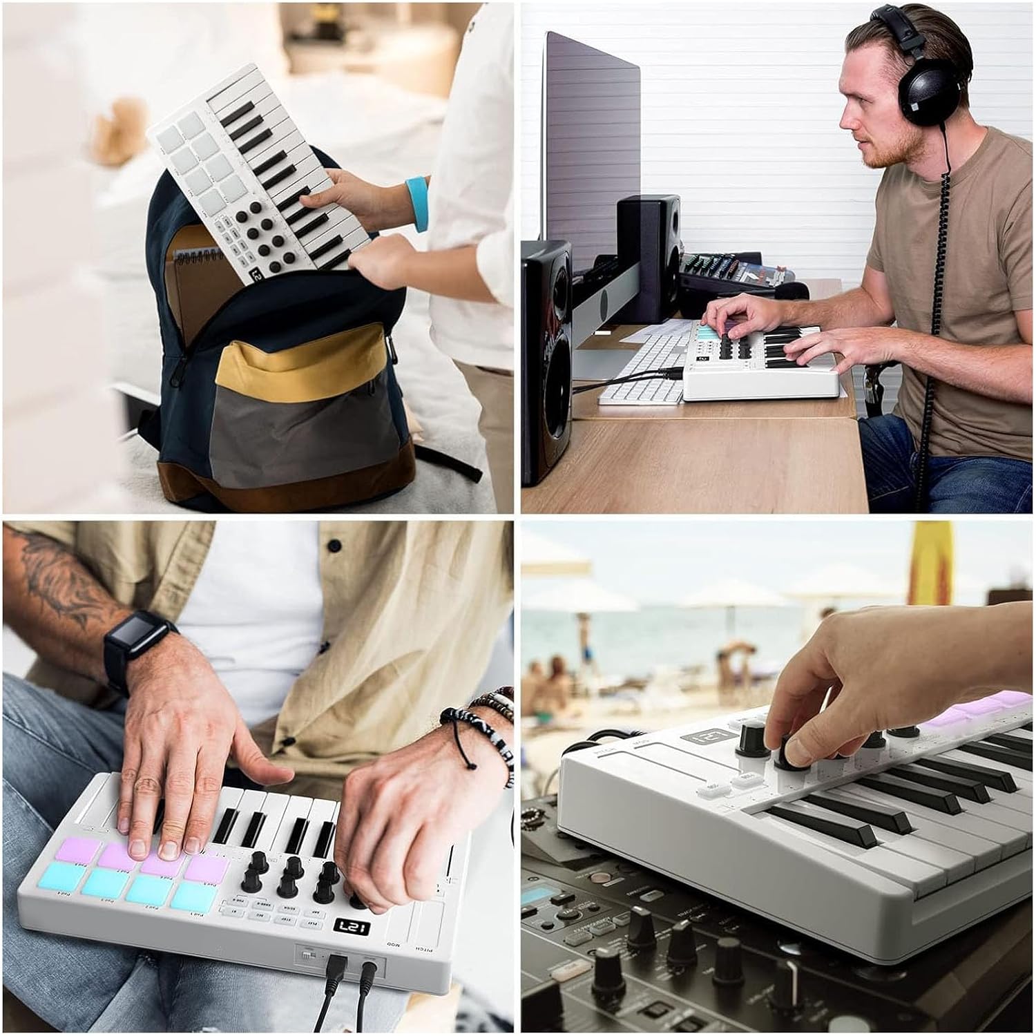 Asixxsix MIDI Keyboard Controller 25 Keys, Wireless Bluetooth Mini Portable Beat Maker Machine with 8 Backlit Drum Pads 8 Knobs 2 Capacitive Touch Strips for Music Production