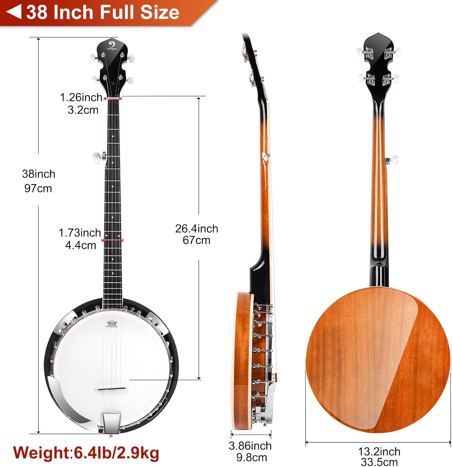 Vangoa Banjo 5 String Full Size Beginner Kit Remo Head Mahogany Resonator Banjo Closed Back with Premium Bag for Adults Teens Starters