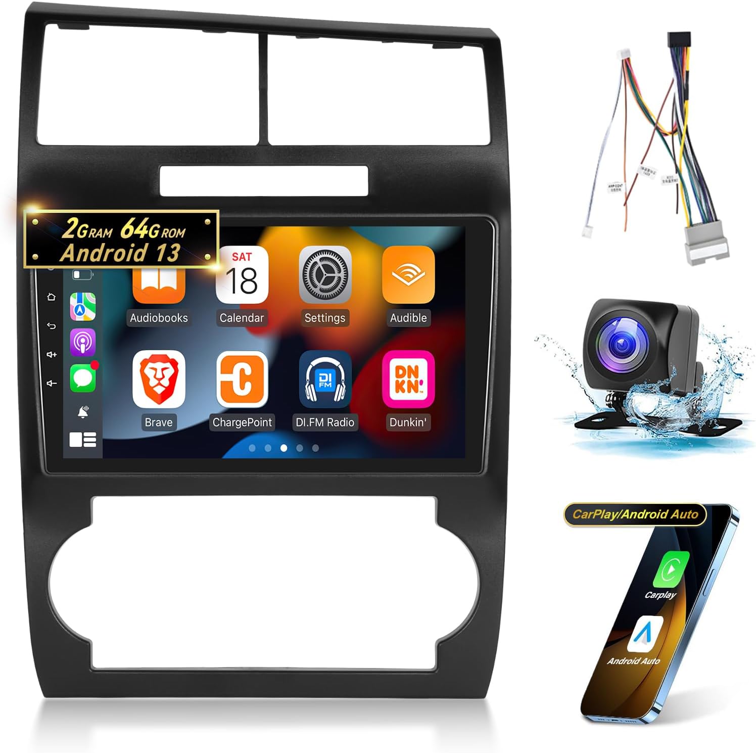 [2G+64G] Car Radio for Dodge Charger Magnum 2005 2006 2007, 9 inch Touch Screen Android Stereo, HiFi Audio/Carplay/Android Auto/SWC/Bluetooth/WiFi