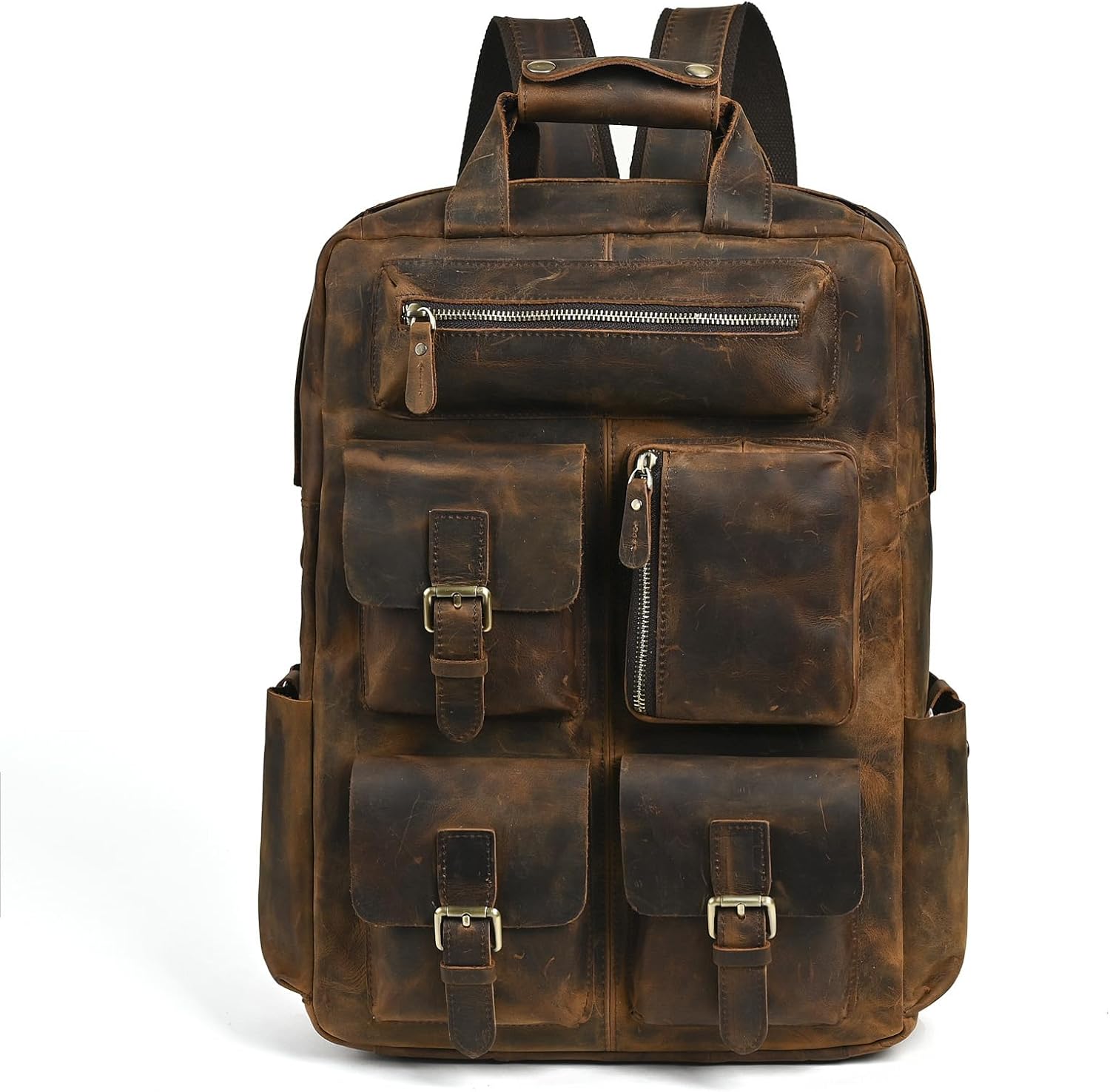 Cowhide Leather Backpack Genuine Leather Backpack Multiple Laptop Compartment Daypack Travel Satchel with Gift Box (Dark Brown)