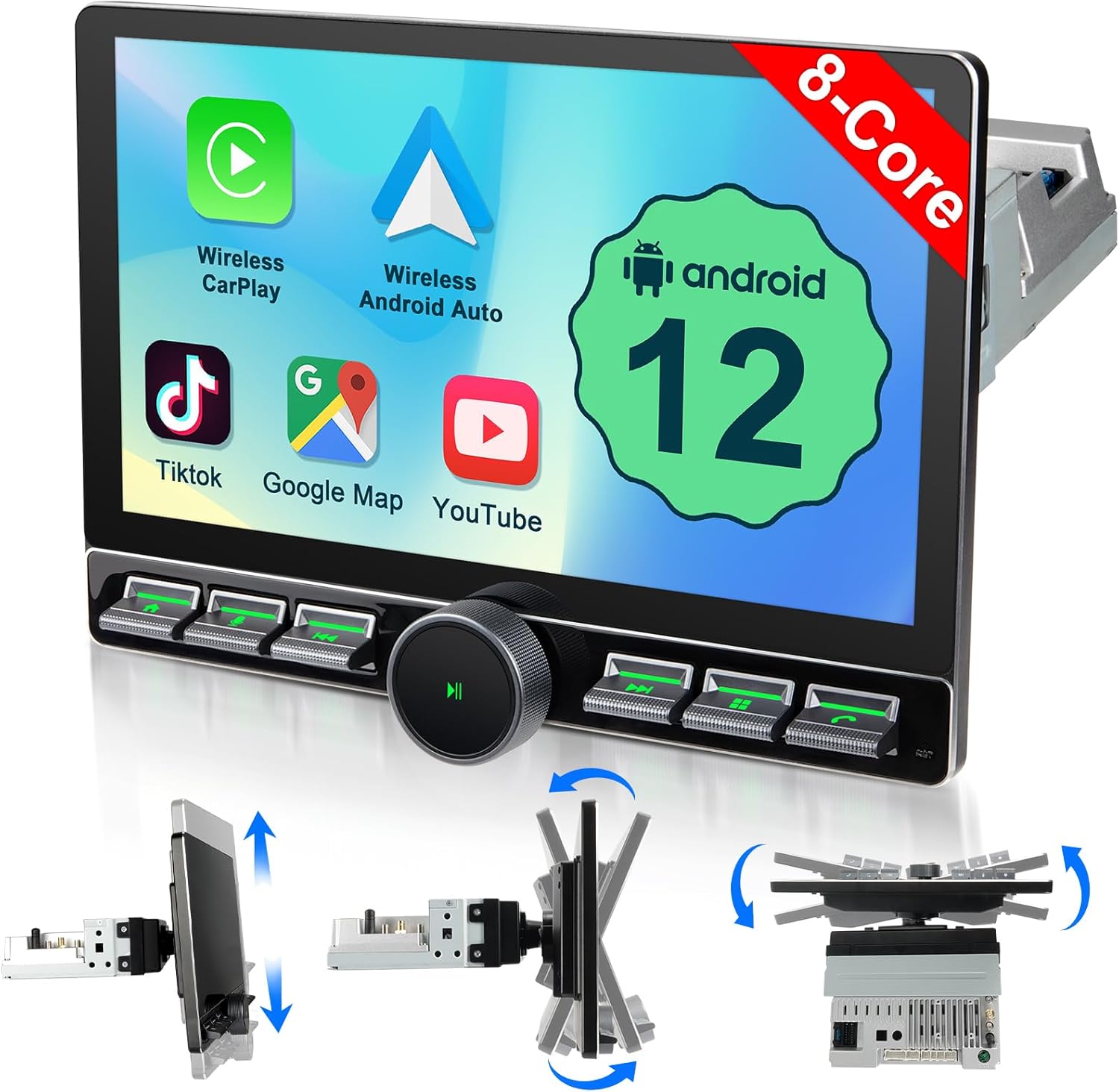 Android Single Din Radio Wireless Carplay Android Auto 8-Core 10.1 Inch Touchscreen Car Stereo with Detachable Floating Touch Screen Car Play Bluetooth AM/FM GPS Navigation WiFi 1 Din Head Unit