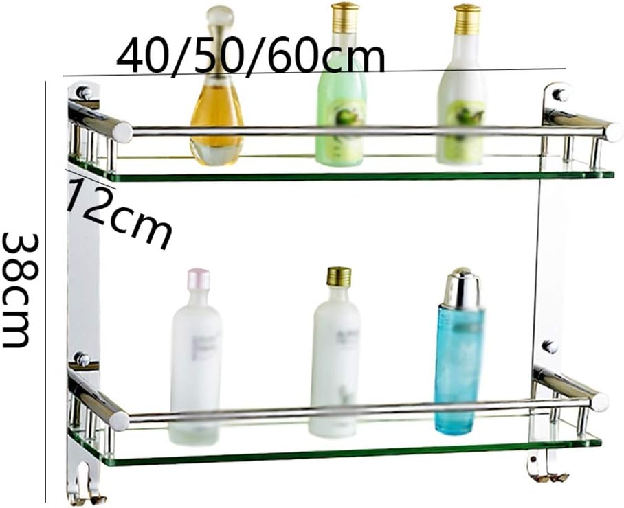 Shower Organiser Transparent Glass 304 Stainless Steel Wall-Mounted 2 Tiers Hook Up Towel Rack, 3 Styles, 3 Sizes (Size : #A-60x12x38cm)