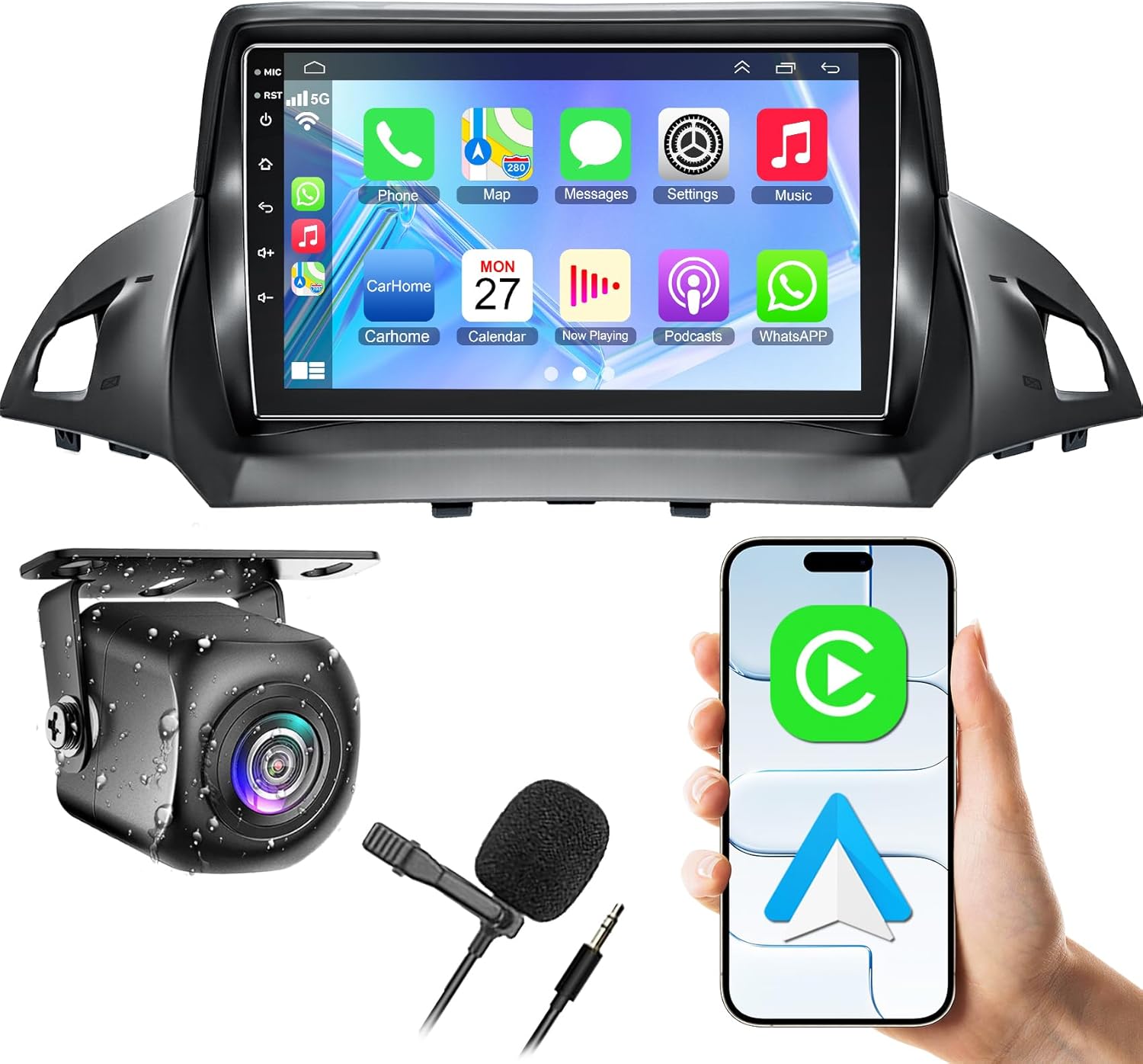 Android 15 Car Radio for Ford Escape 2013-2019, 9'' IPS Touch Screen Stereo with Wireless/Wired Carplay&Android Auto, Support 5G WiFi/Bluetooth5.2/1080P Backup Camera/GPS/SWC/4+64