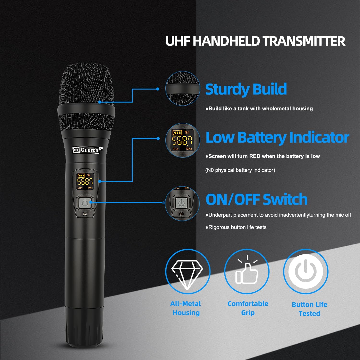 Guarda Audio Wireless Microphone System, 4-Channel UHF Wireless Mic, Fixed Frequency Metal Cordless Mic with 4 Handheld Dynamic Microphones, 260ft Range, Microphone for Singing,Church(US-8000)