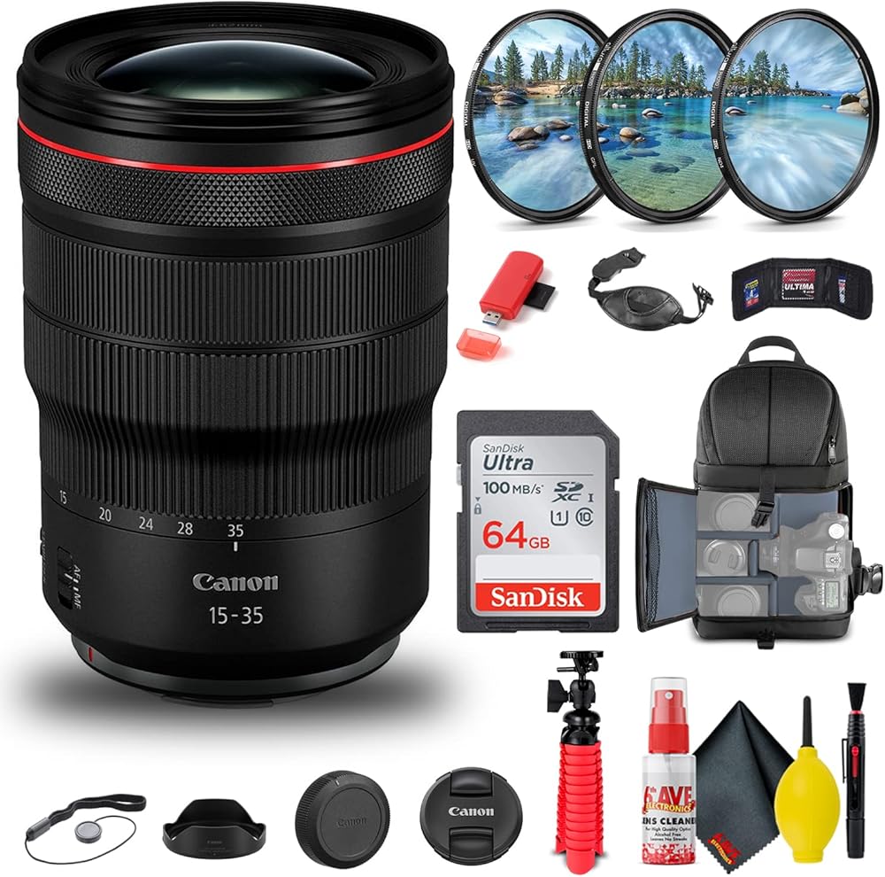 Canon RF 15-35mm f/2.8L is USM Lens (3682C002) + Filter Kit + Backpack + 64GB Card + Card Reader + Flex Tripod + Memory Wallet + Cap Keeper + Cleaning Kit + Hand Strap + More (Renewed)