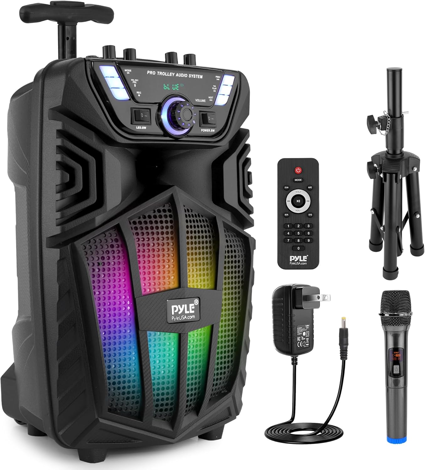 Pyle 480W Portable Bluetooth PA Speaker - 8” Rechargeable Outdoor Karaoke Speaker, Audio System w/Wireless Mic and Wheels, TWS, Party Lights, LED Display, 6.5mm Mic Input, FM/AUX/MP3/USB/SD