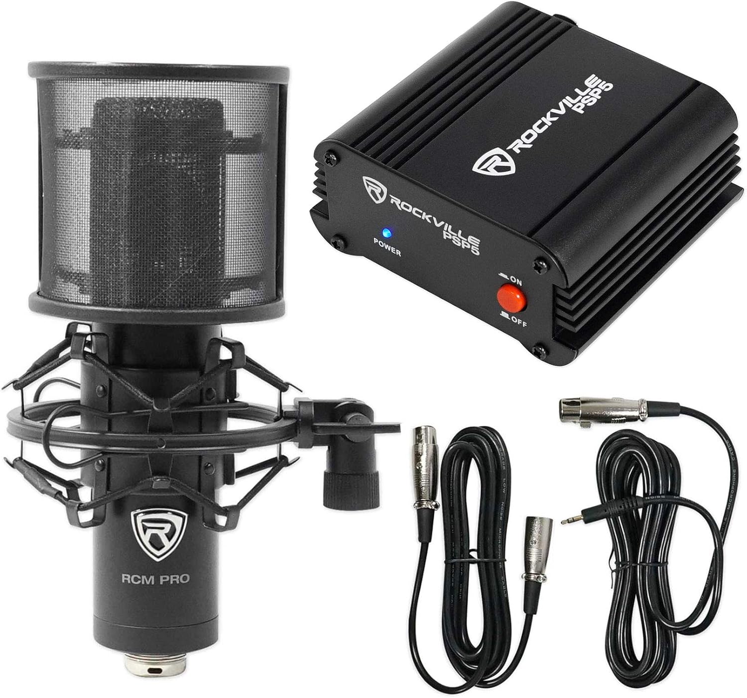 Rockville RCM PRO Bundle: Studio Recording Condenser Microphone with Samsung Capacitors, PSP5 Universal 48V Phantom Power Supply Box for Mics, 2-Items