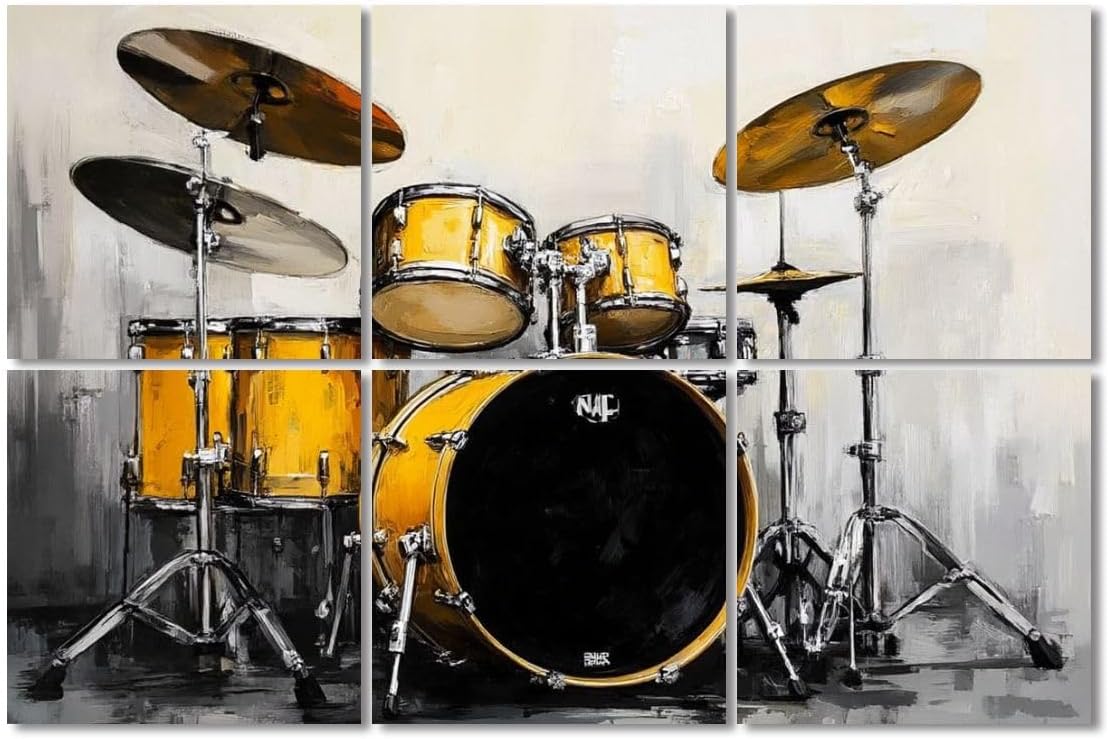 6 Pack Art Acoustic Panels Sound Absorbing Music Black Gold Drum Set Yellow Drums Cymbals Stands Drumhead Oil Decorative Soundproof Wall Panels Self Adhesive for Recording Studios Office 72