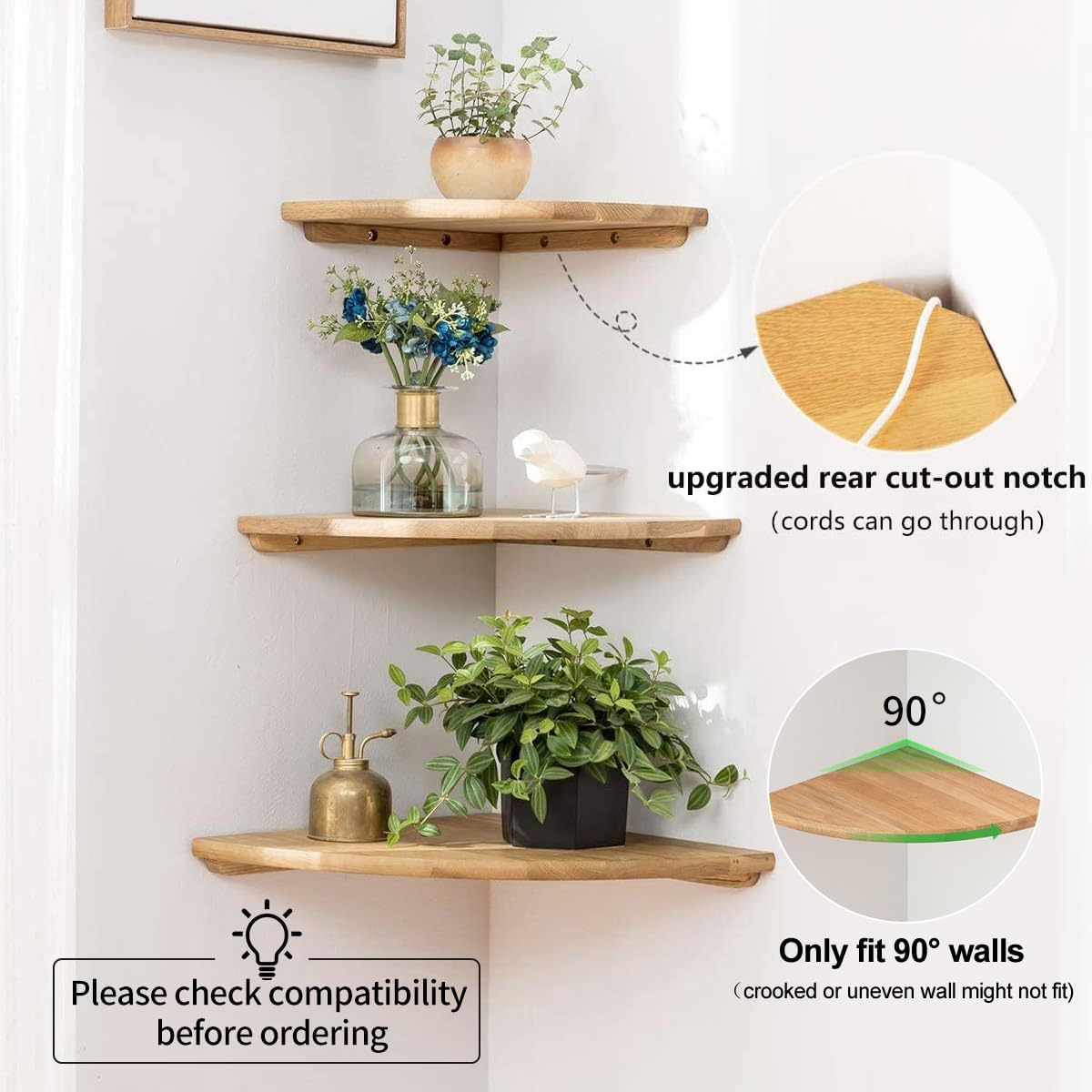 3PCS Oak Corner Shelf Wall Mount Set Round End Floating Speaker Shelf Display Shelf for Small Plant Photo Frame