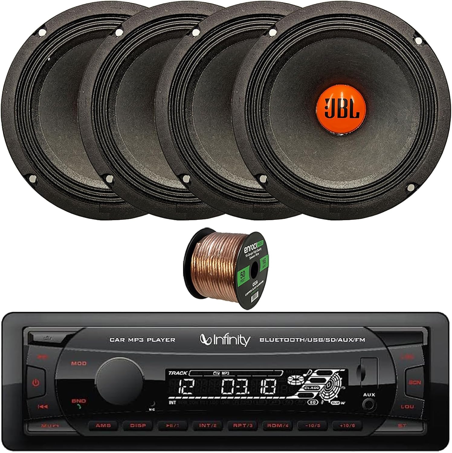 Car Audio Package: Single DIN Bluetooth USB/AUX/SD FM Radio MP3 Digital Media Black Vehicle Receiver with 6.5