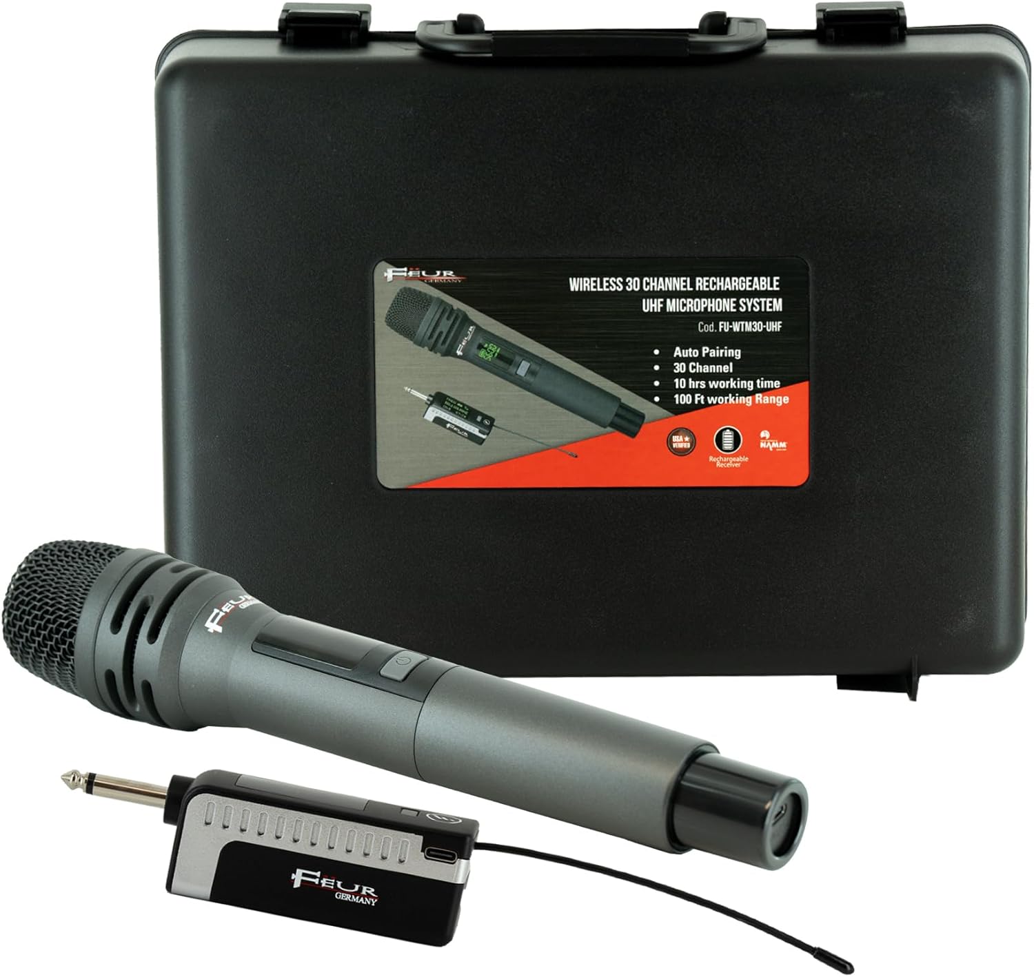 FEUR UHF Dynamic Wireless Microphone System - Wireless 30 Channel - Rechargeable Microphone System Ideal for Karaoke and Live Performances (FU-WTM30-UHF)