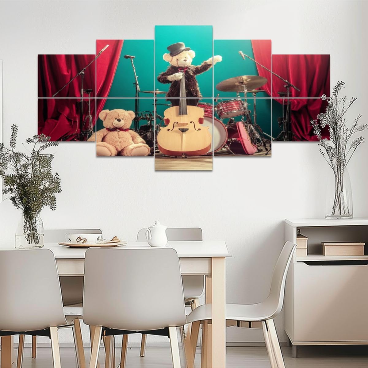 Art Acoustic Panels retro teddy bear toys play bass guitar old luggage vocalist Acoustical Soundproof Wall Panel with Self-Adhesive Decorative Sound Absorbing Panel Acoustic Treatment