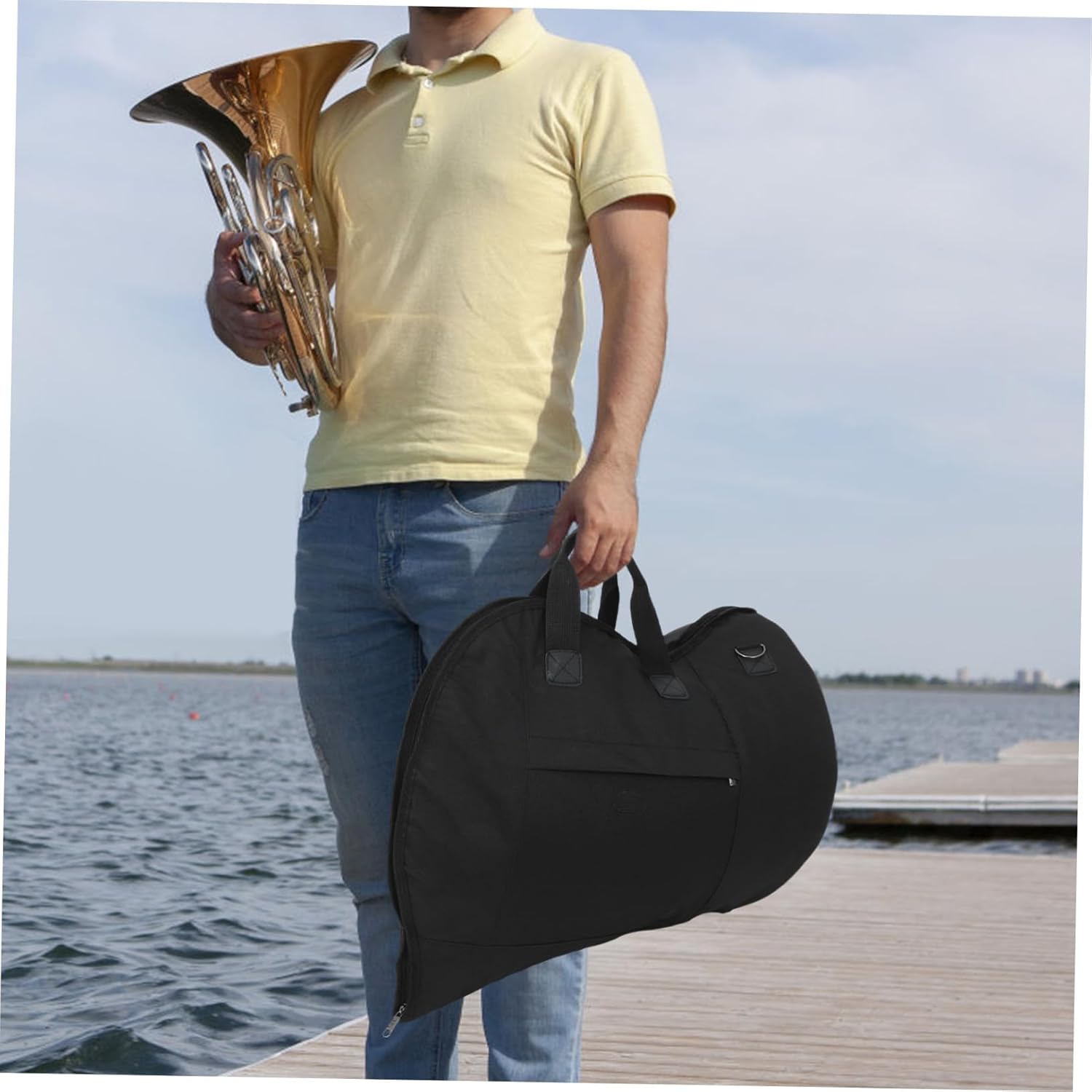 Portable French Horn Carry Bag Shoulder Strap Instrument Storage for Musicians Lightweight Design Exterior Pocket for Accessories Random Color