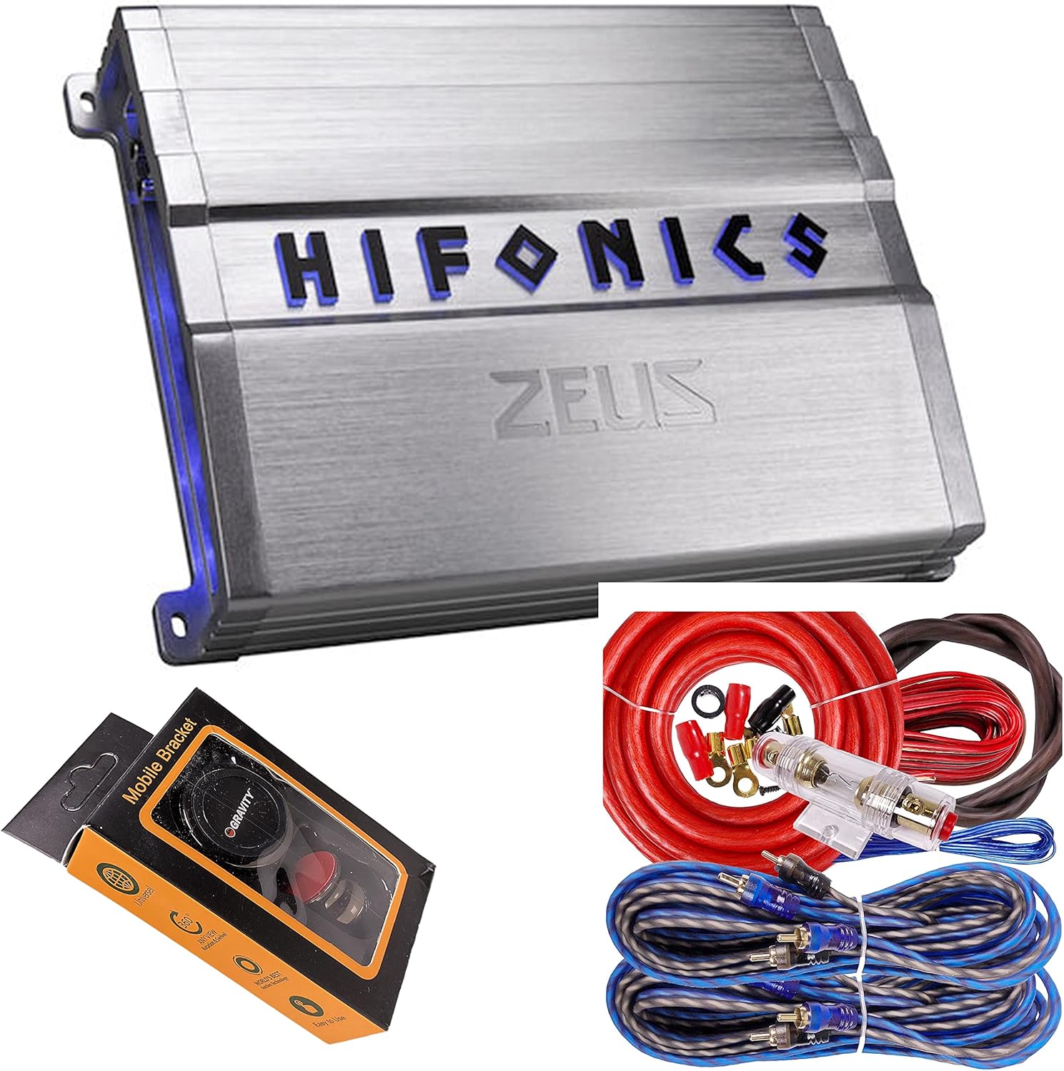 Hifonics ZG-600.4 Zeus Gamma 4 Channel Super A/B Class 600 Watt Car Audio Sound System Subwoofer Speaker Amp Amplifier with Gravity Magnet Phone Holder and 4 Gauge Kit Red Bundle