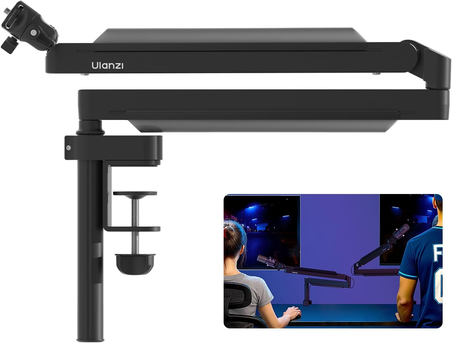 ULANZI ZJ05 Premium High-Low Profile 2-in-1 Design Microphone Boom Arm with Ballhead Cold Shoe Fully Adjustable, with Cable Management Channels, Desk Clamp for Podcast Streaming Gaming Studio