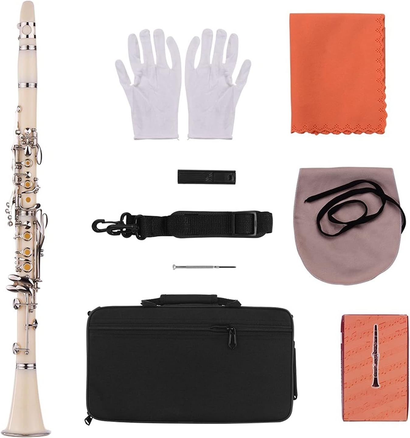 Standard Clarinet 17-Key Clarinet Bb Flat Woodwind Instrument with Carry Case Gloves Cleaning Cloth Mini Reed Case 10pcs Reeds Beginner Clarinet (Color : Milky White)