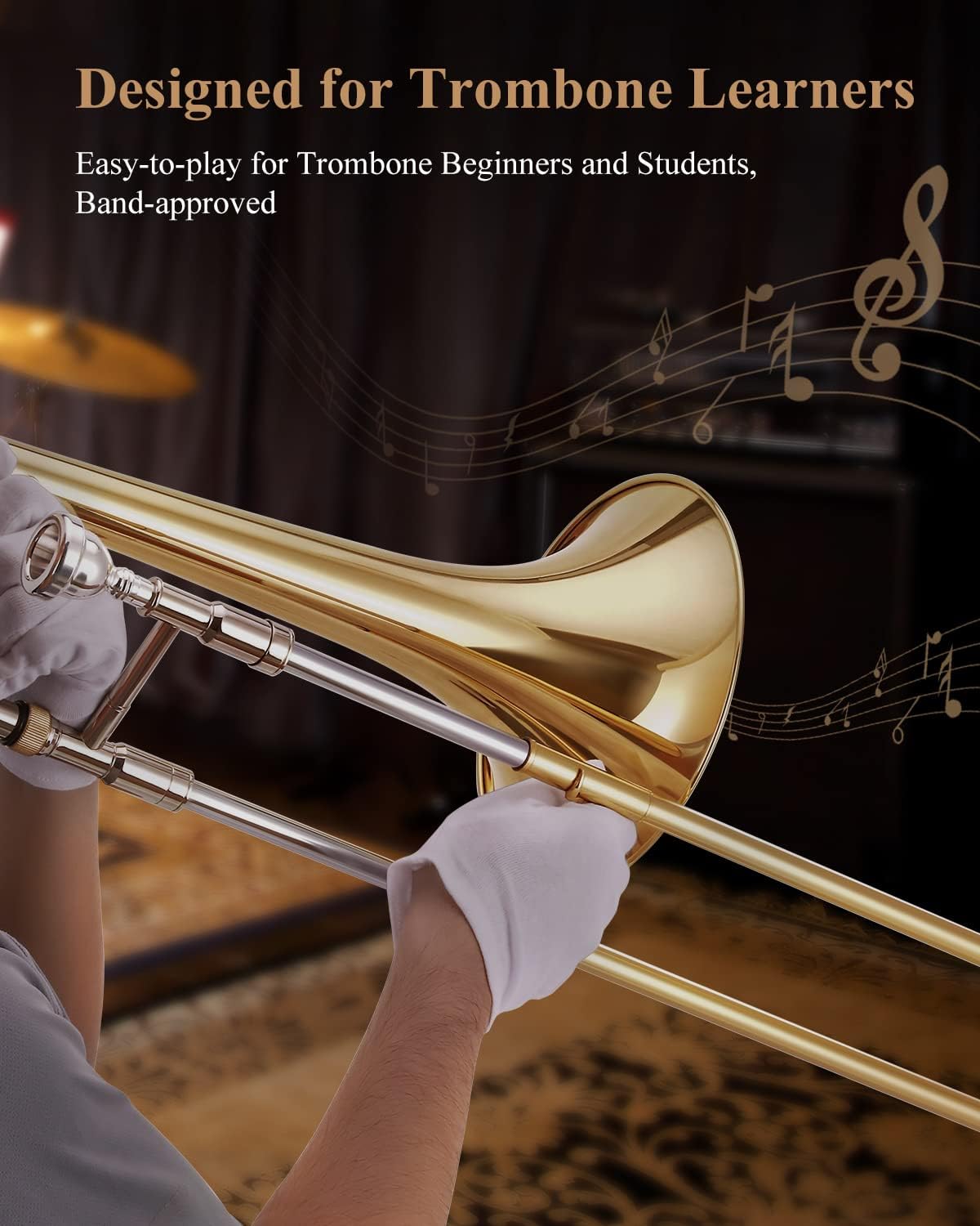 Eastar Bb Tenor Slide Trombone for Beginners Students, B Flat Brass Plated Trombone Instrument with Mouthpiece, White Gloves, Cleaning Kit, ETB-330, Golden