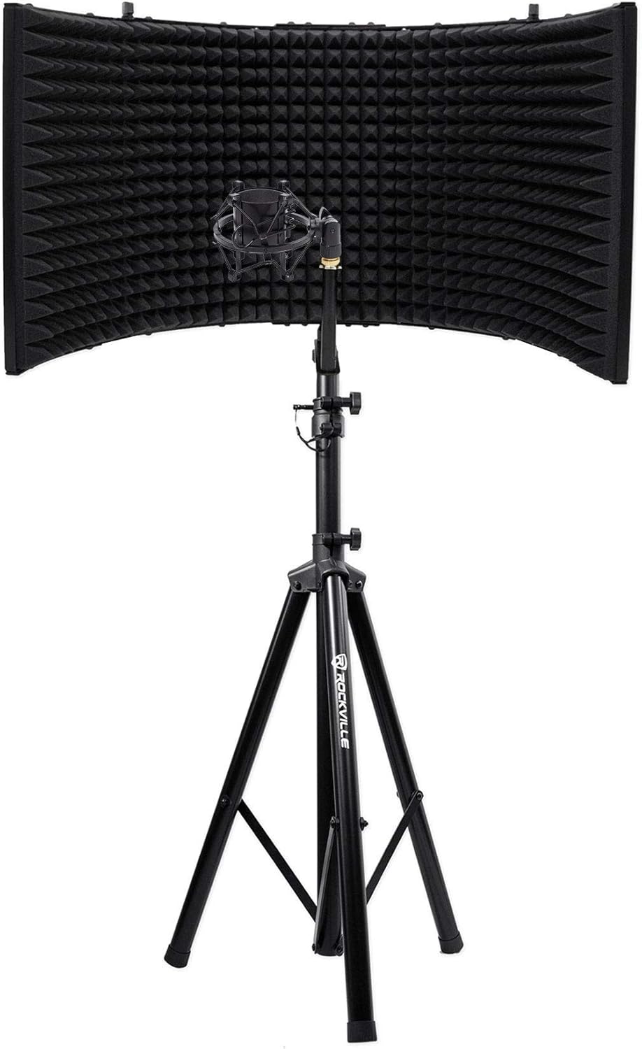 Rockville ROCKSHIELD 3 Bundle: Large Studio Mic Isolation Shield with Sound Dampening Foam, RockShock Black Metal Shock Mount for Studio Mic, RVES05 Heavy Duty Tripod Speaker Stand, 3-Items