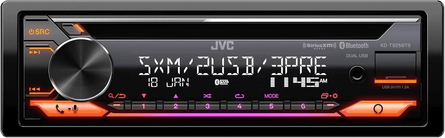JVC KD-T925BTS Bluetooth Car Stereo Receiver with USB Port – LCD Display - AM/FM Radio - MP3 Player - Double DIN – 13-Band EQ (Black)