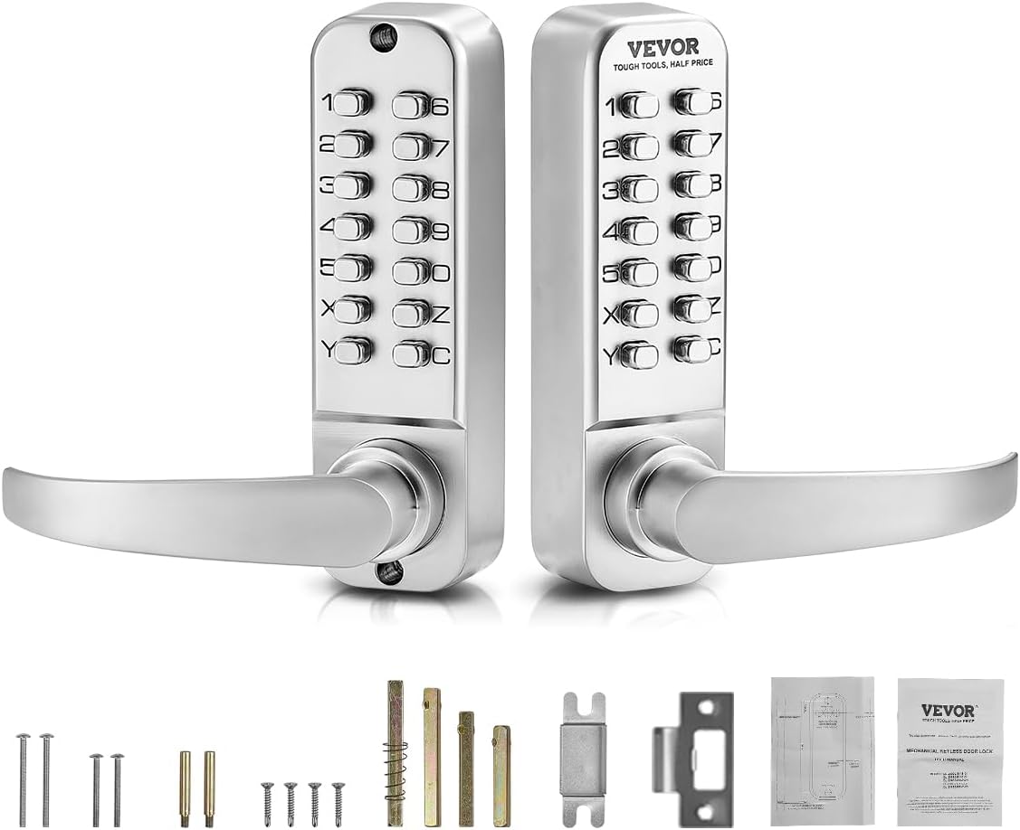 VEVOR Mechanical Keyless Entry Door Lock, 14 Key, Mechanical Keypad with Handle, Double-Sided Stainless Steel Waterproof Keyless Gate Lock, for Home Office Yard, Sliver