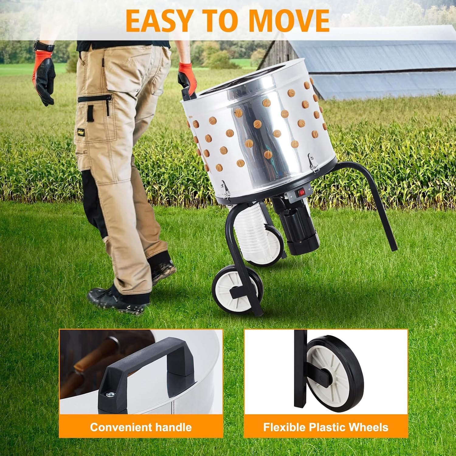 Chicken Plucker Machine, 20-Inch Stainless Steel Drum Poultry Feather with 106 Soft Rubber Plucking Fingers,550w Poultry Plucker with Wheels for Farms, Restaurants, Home