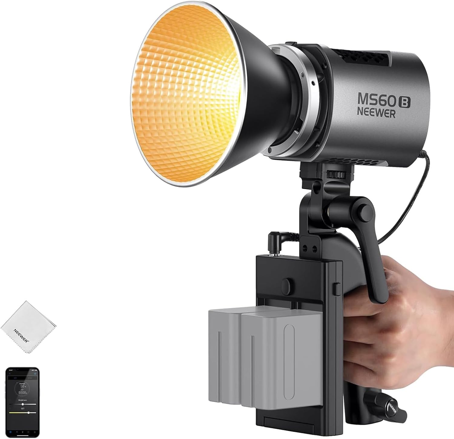 NEEWER MS60B LED Video Light 2.4G/APP Control, 65W Metal Mini Compact COB Continuous Output Lighting Bowens Spotlight for Photography Studio Recording, 40000lux/1m 2700-6500K CRI 97+/TLCI 98+, Silver