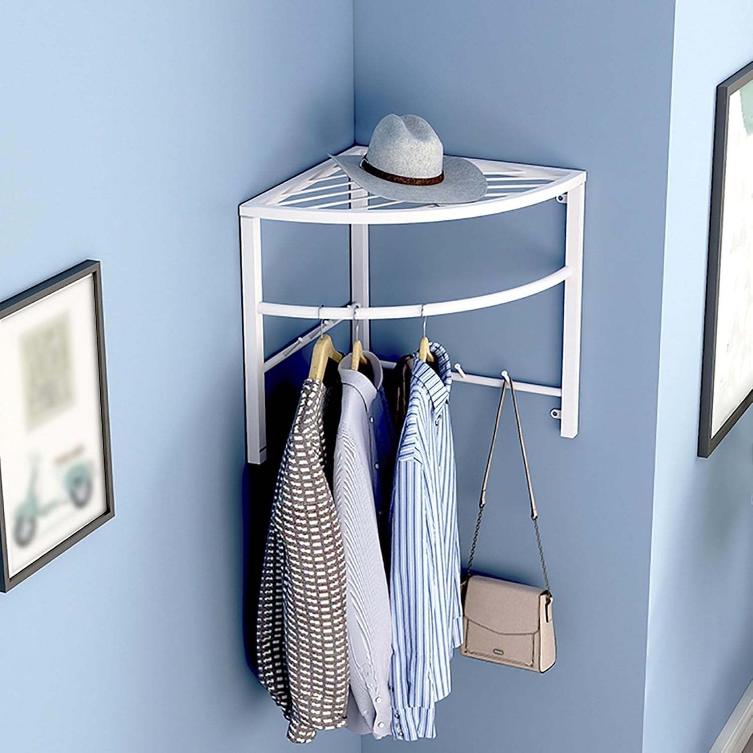 Closet Rod Curved Closet Clothes Hanging Shelf for Corner, Metal Wardrobe Corner Hanger Wall Mount, Clothing Drying Rack for Cloakroom/Laundry(White)